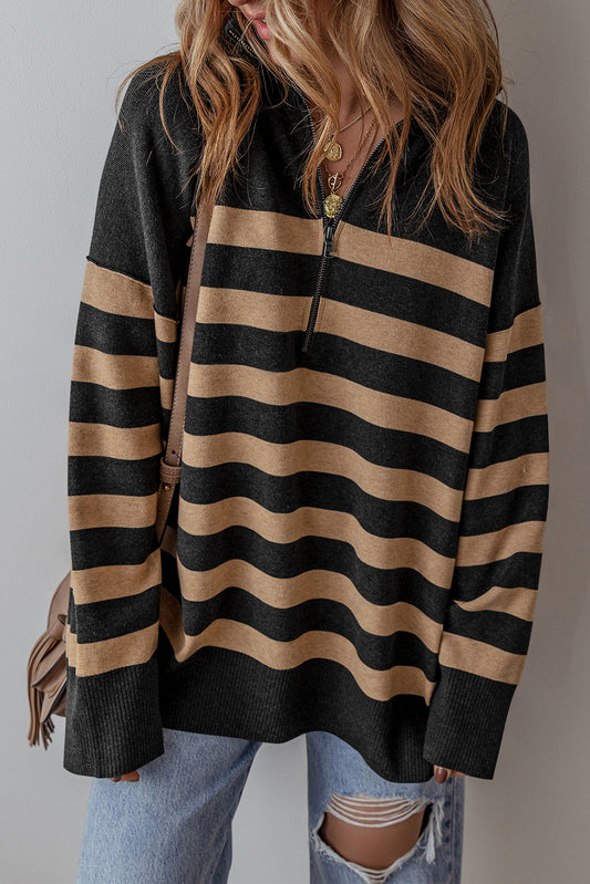 Black Stripe Collared Quarter Zipper Oversized Sweater