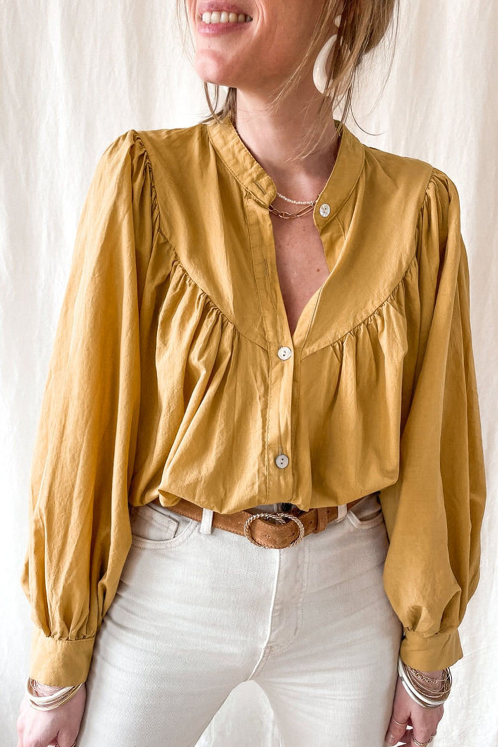 Yellow Puff Sleeve Pleated Loose Shirt