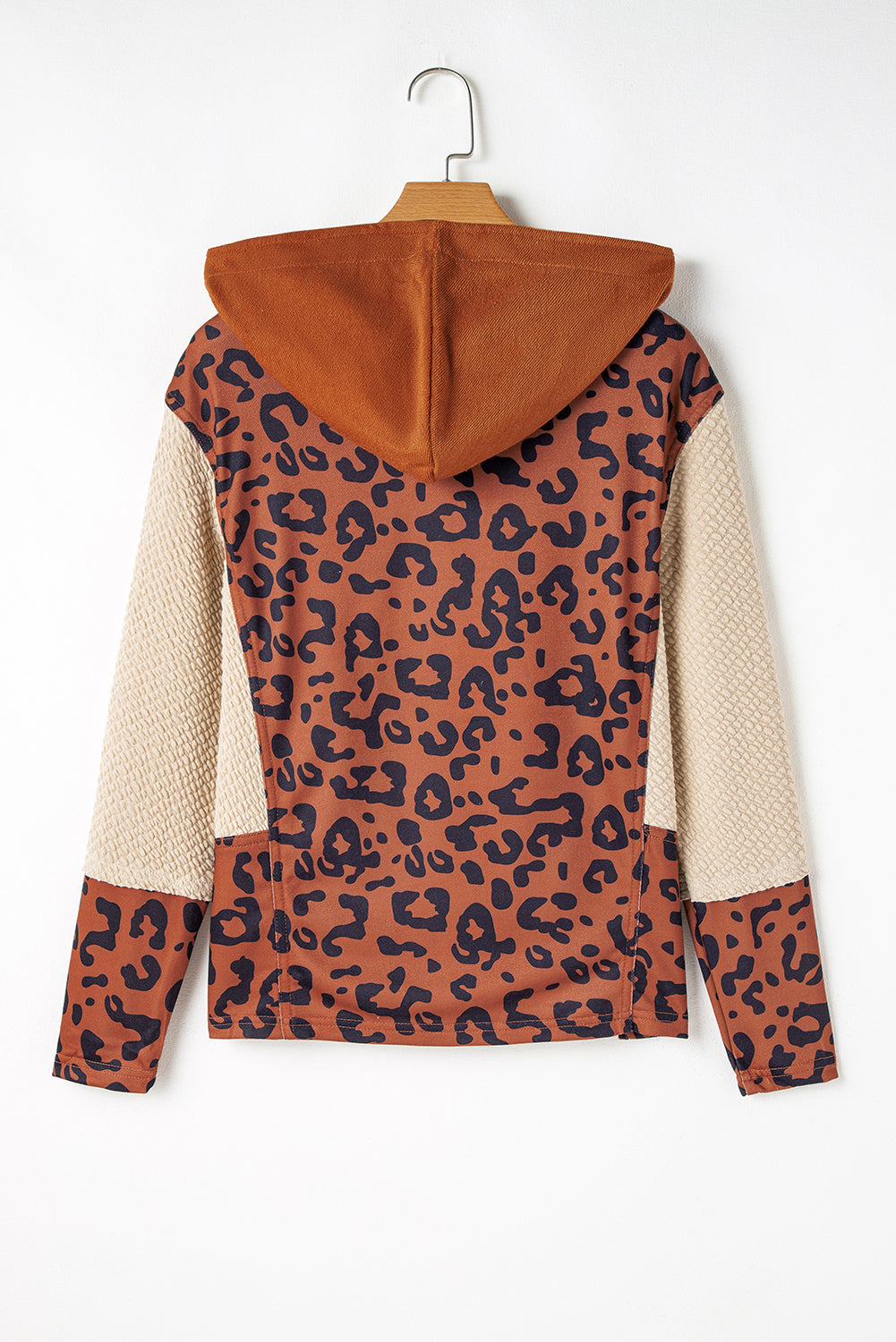 Brown Textured Knit Patchwork Leopard Hoodie