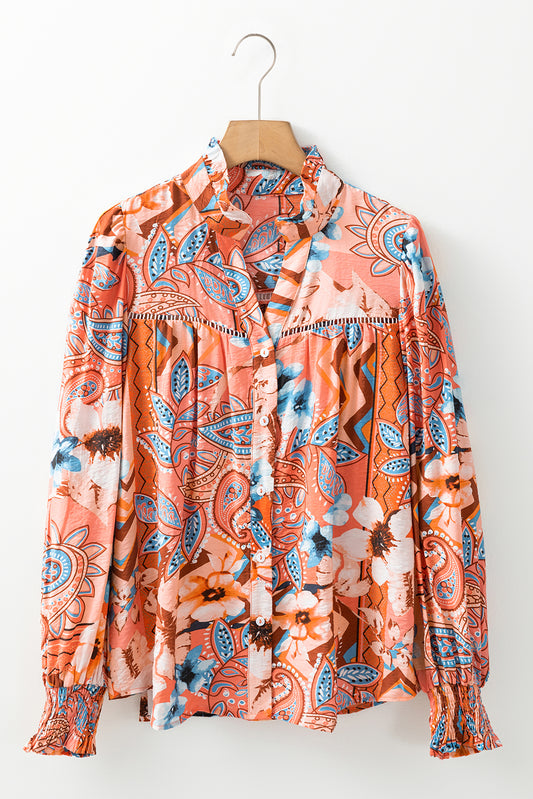 Orange Floral Print Shirred Cuff Buttoned Loose Shirt