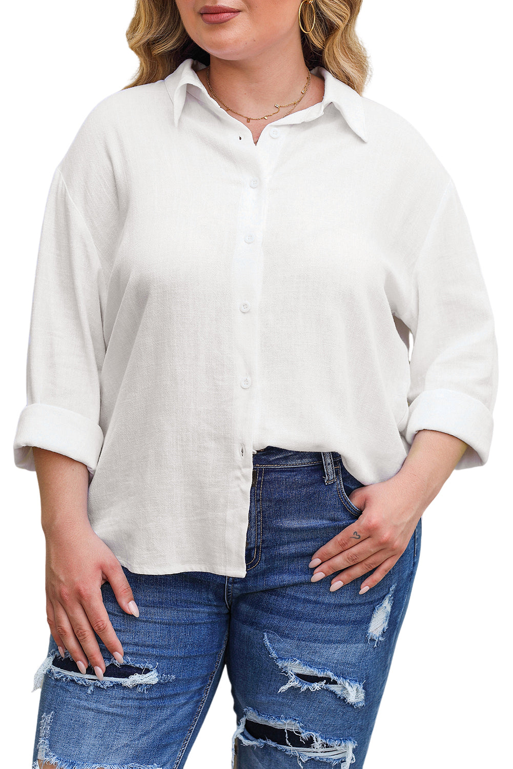 White Plus Size Linen Textured Button Up Shirt