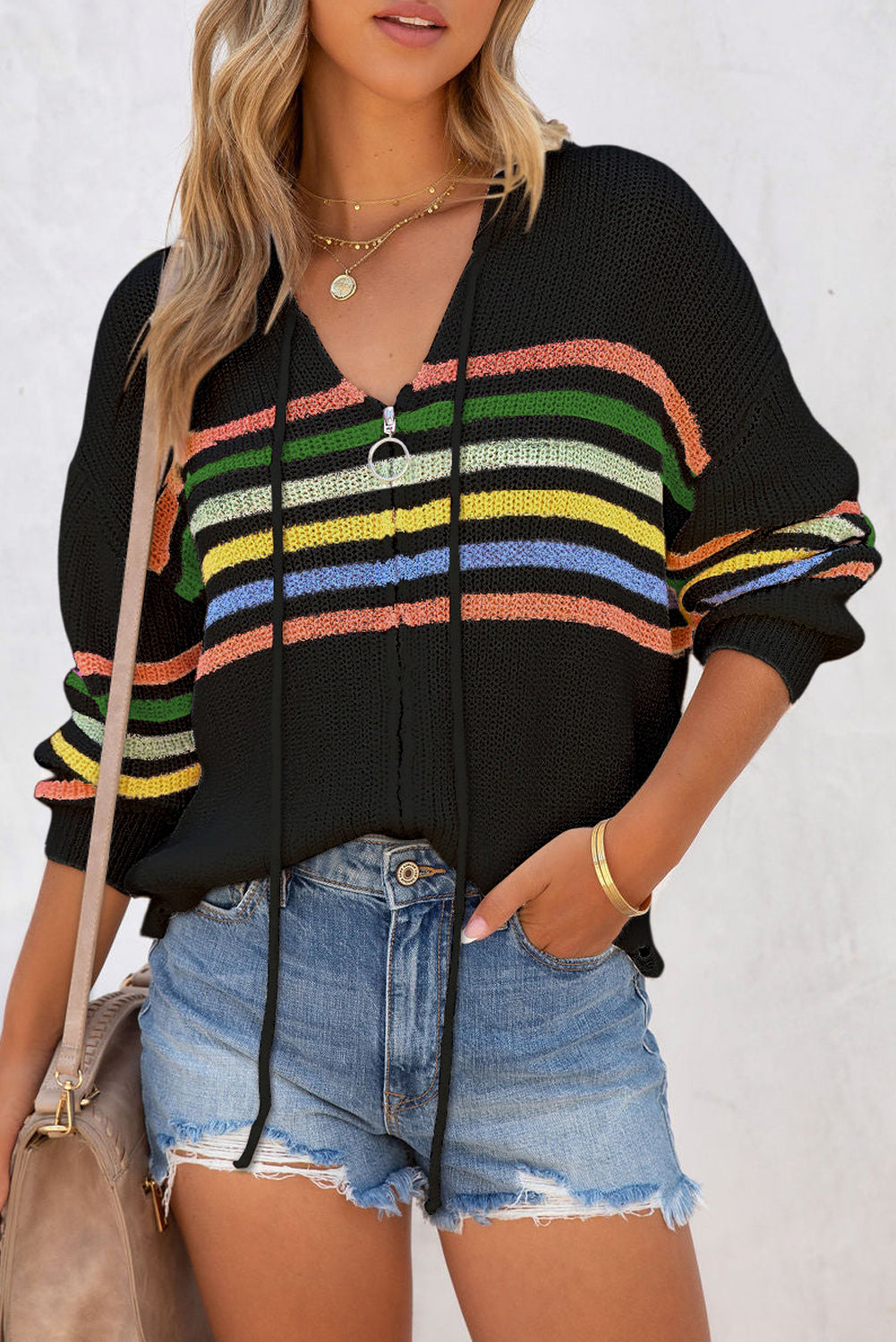 Black Striped Detail Zip Up Hooded Sweater Cardigan