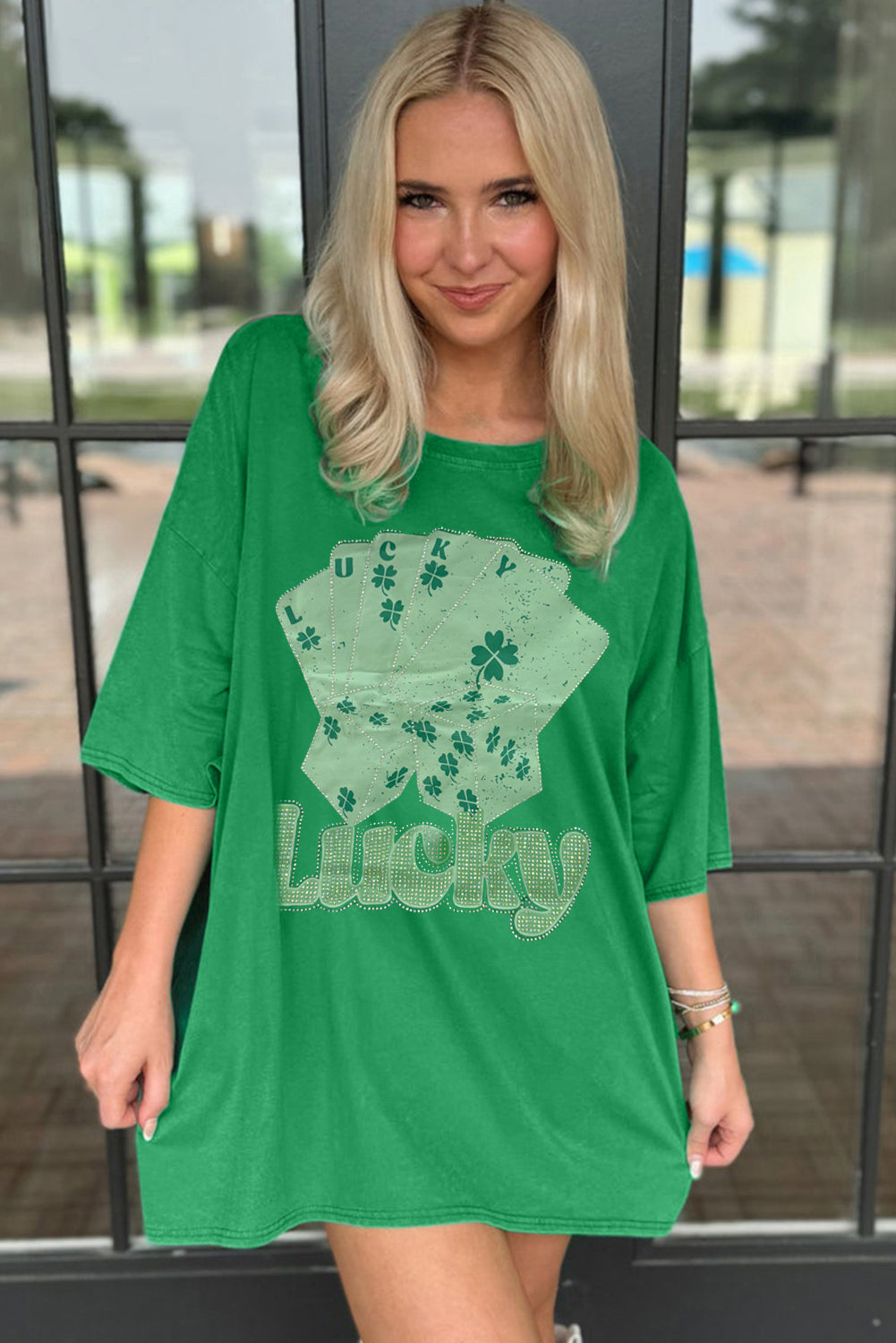 Bright Green Rhinestone Lucky Poker Cards Oversized T Shirt Mini Dress