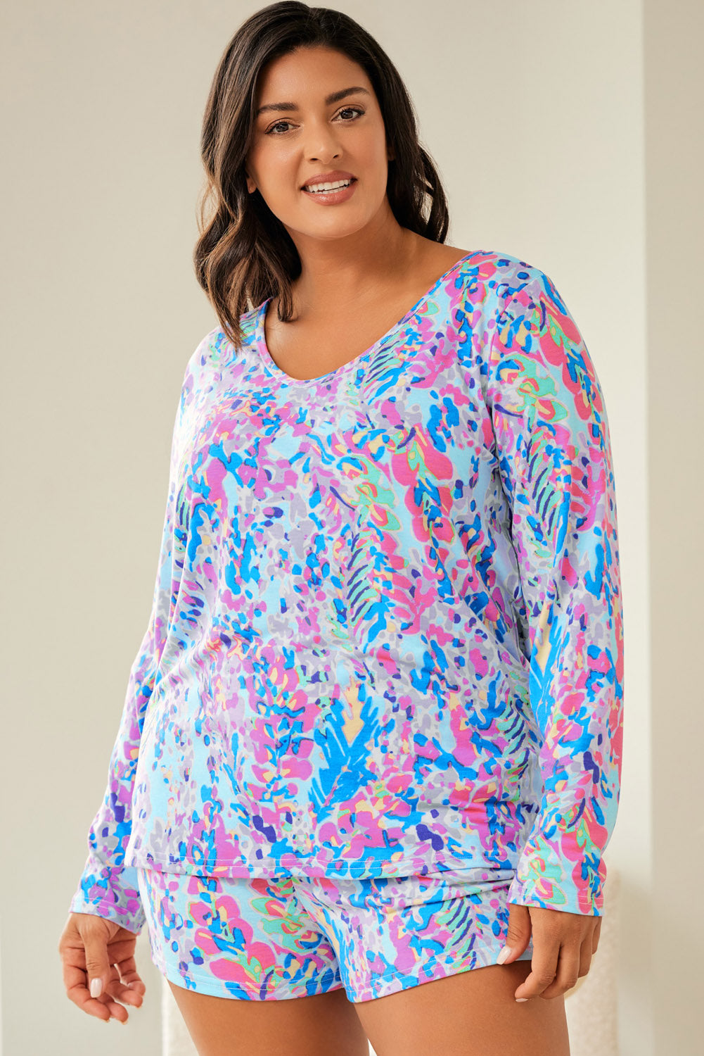 Sky Blue Plus Size Floral Print Long Sleeve and Shorts Lounge Outfit