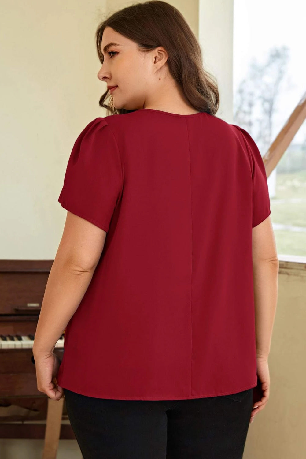 Red Dahlia Keyhole Pleated Crew Neck Plus Size T Shirt