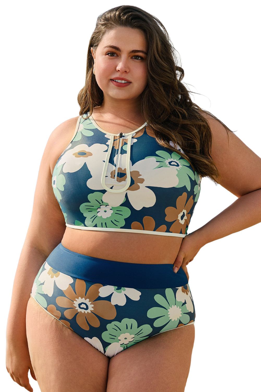 Green Floral Printed Zipped Plus Size Two Pieces Bikini