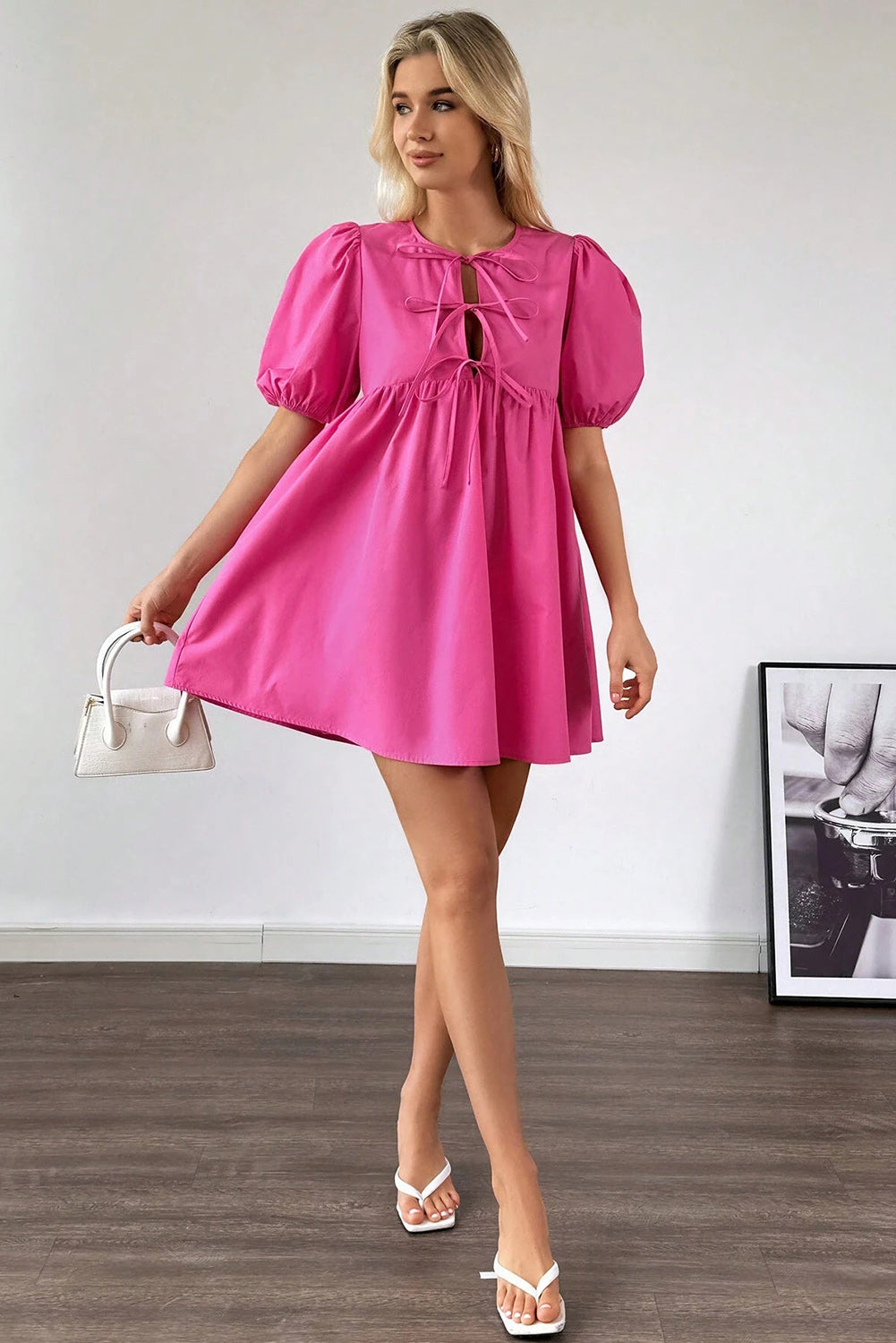 Bright Pink Solid Color Puff Sleeve Tie Front High Waist Mini Dress