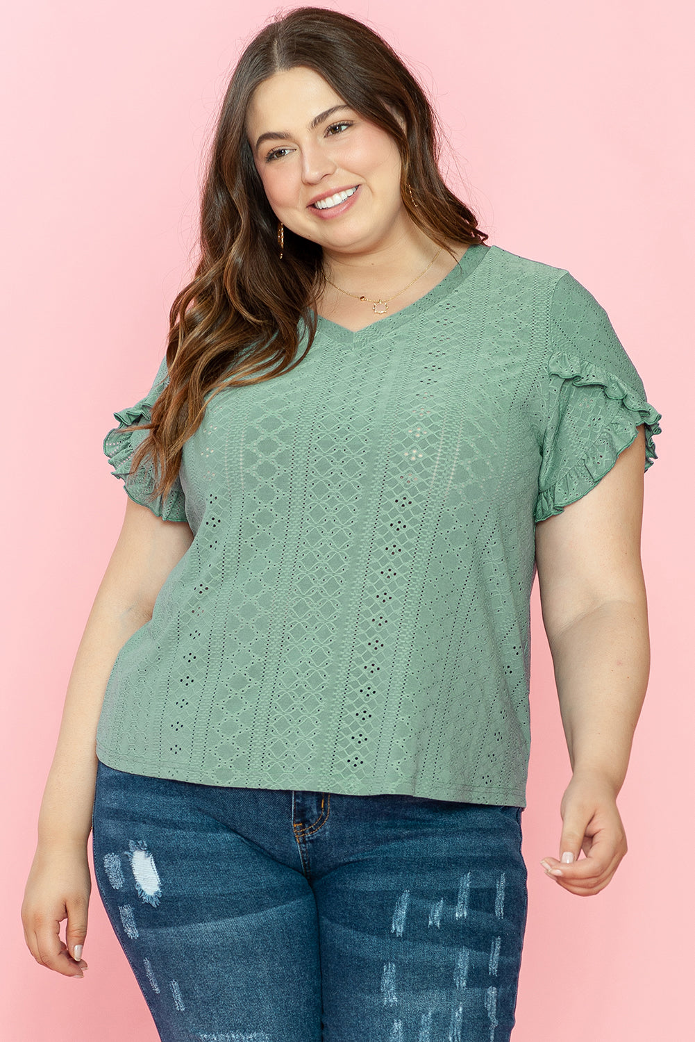 Blusa con escote en V y mangas de pétalos de jacquard en color verde laurel