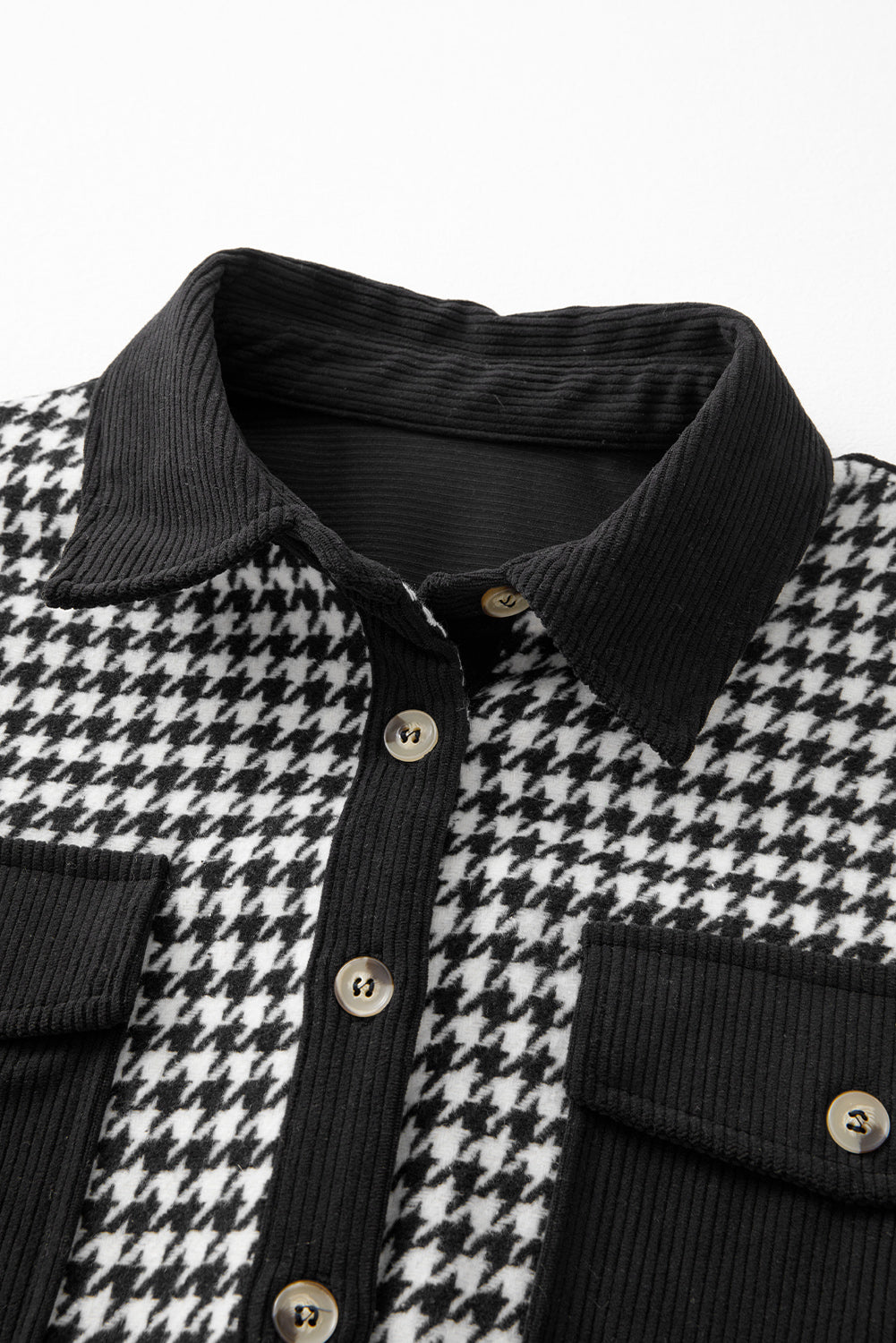 Black Houndstooth Corduroy Patchwork Flap Pocket Shacket