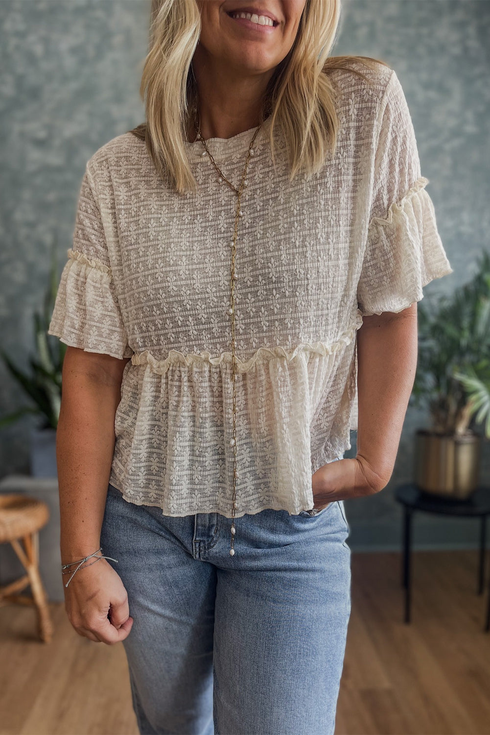 Beige Solid Color Textured Ruffled Short Sleeve Blouse