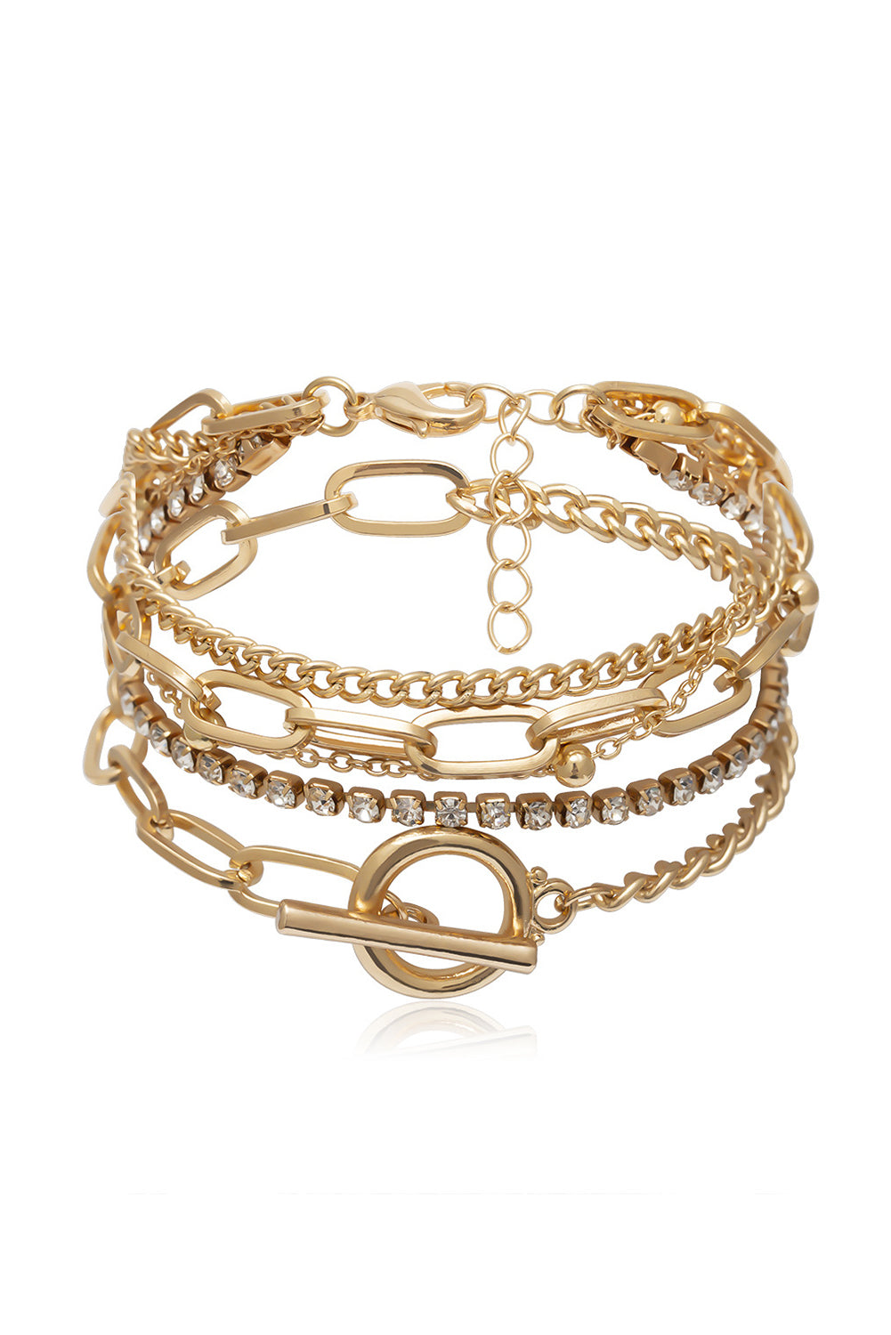 Gold Multi Layered Rhinestone Plated Chain Bracelet Set