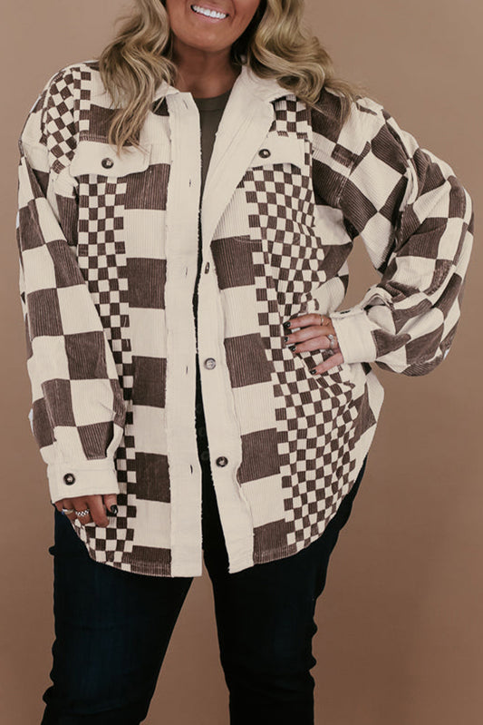 Brown Color Block Checkered Print Corduroy Plus Size Shacket