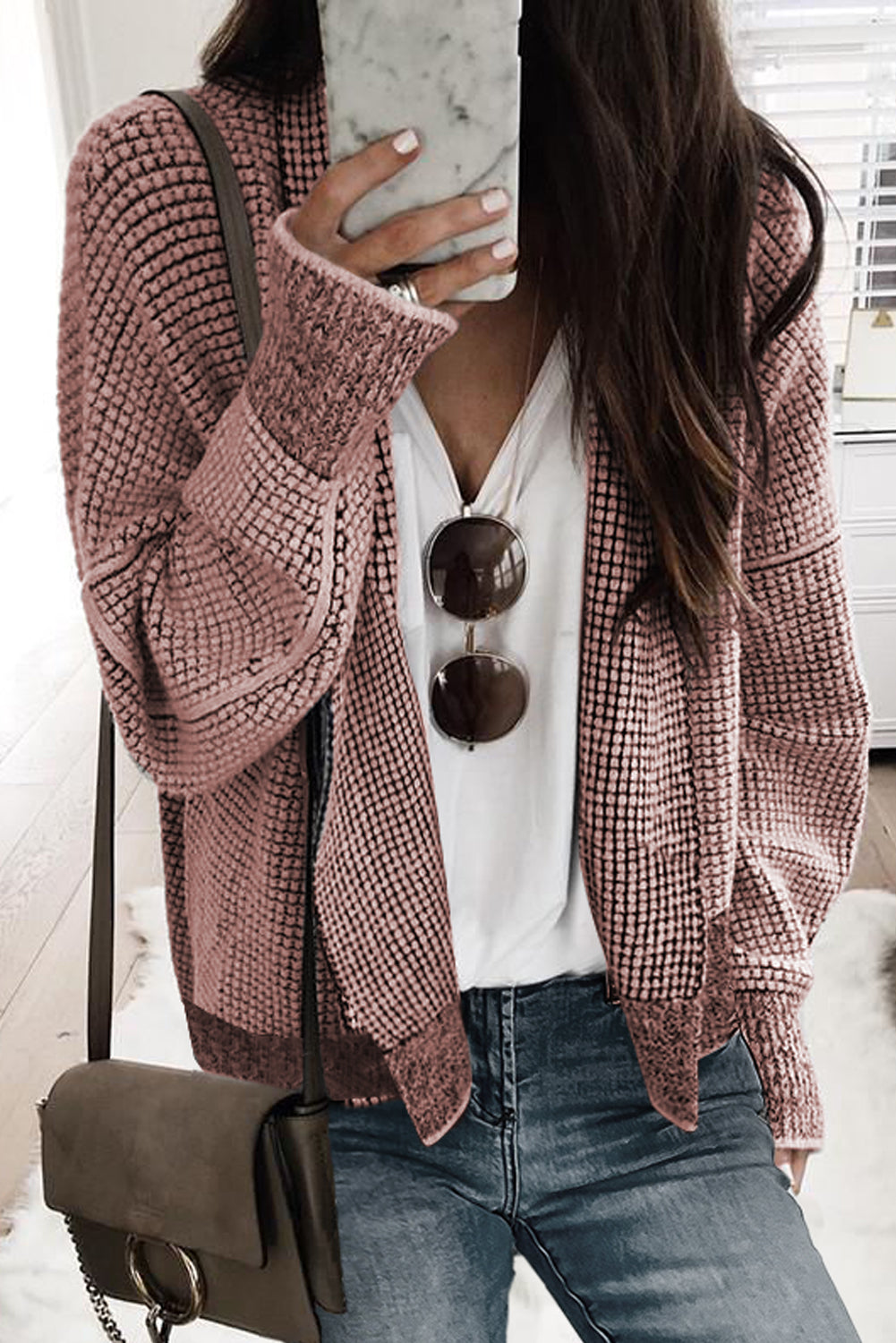 Peach Blossom Plaid Contrast Trim Open Front Cardigan