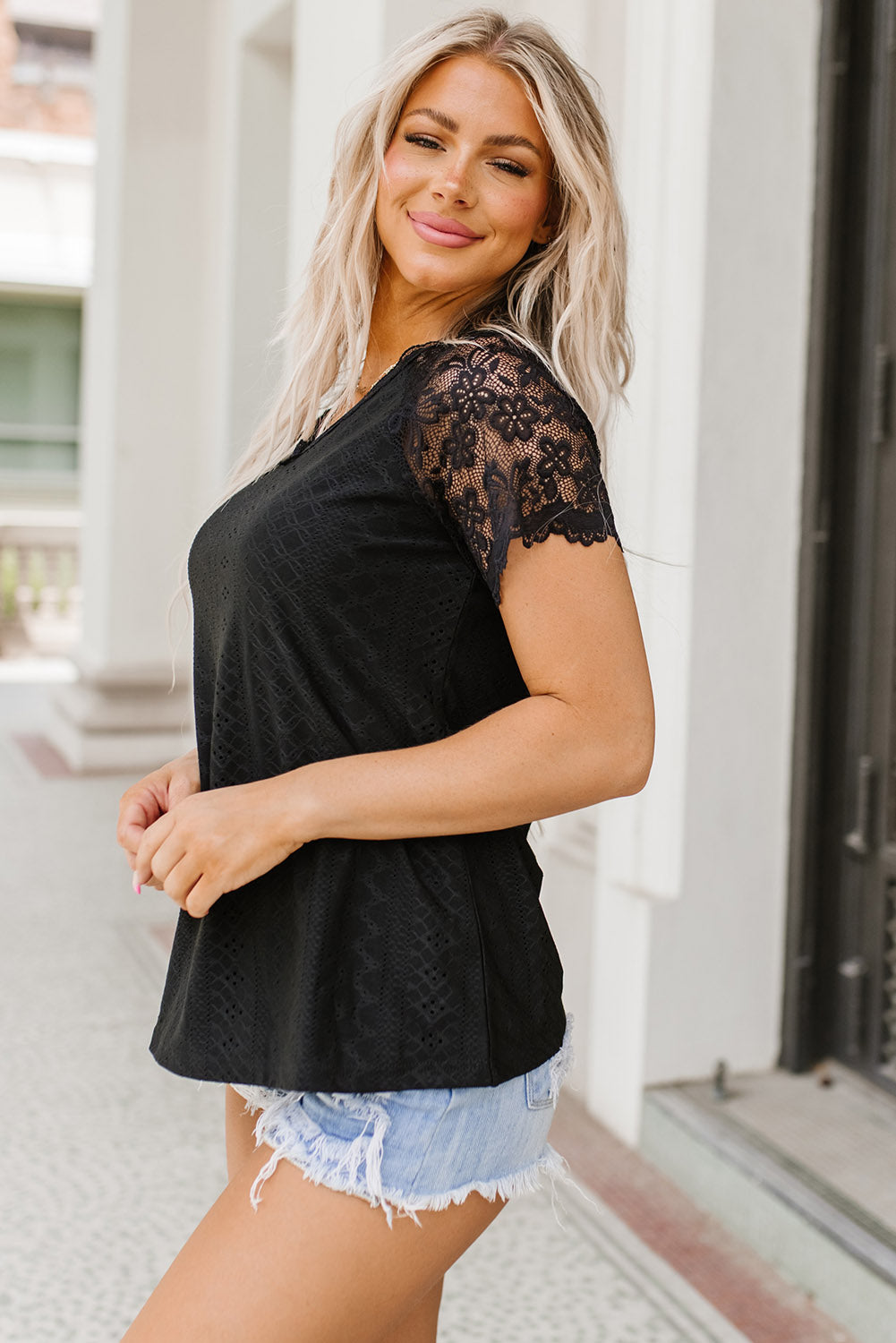 Black Lace Short-Sleeve Scalloped V-Neck Top