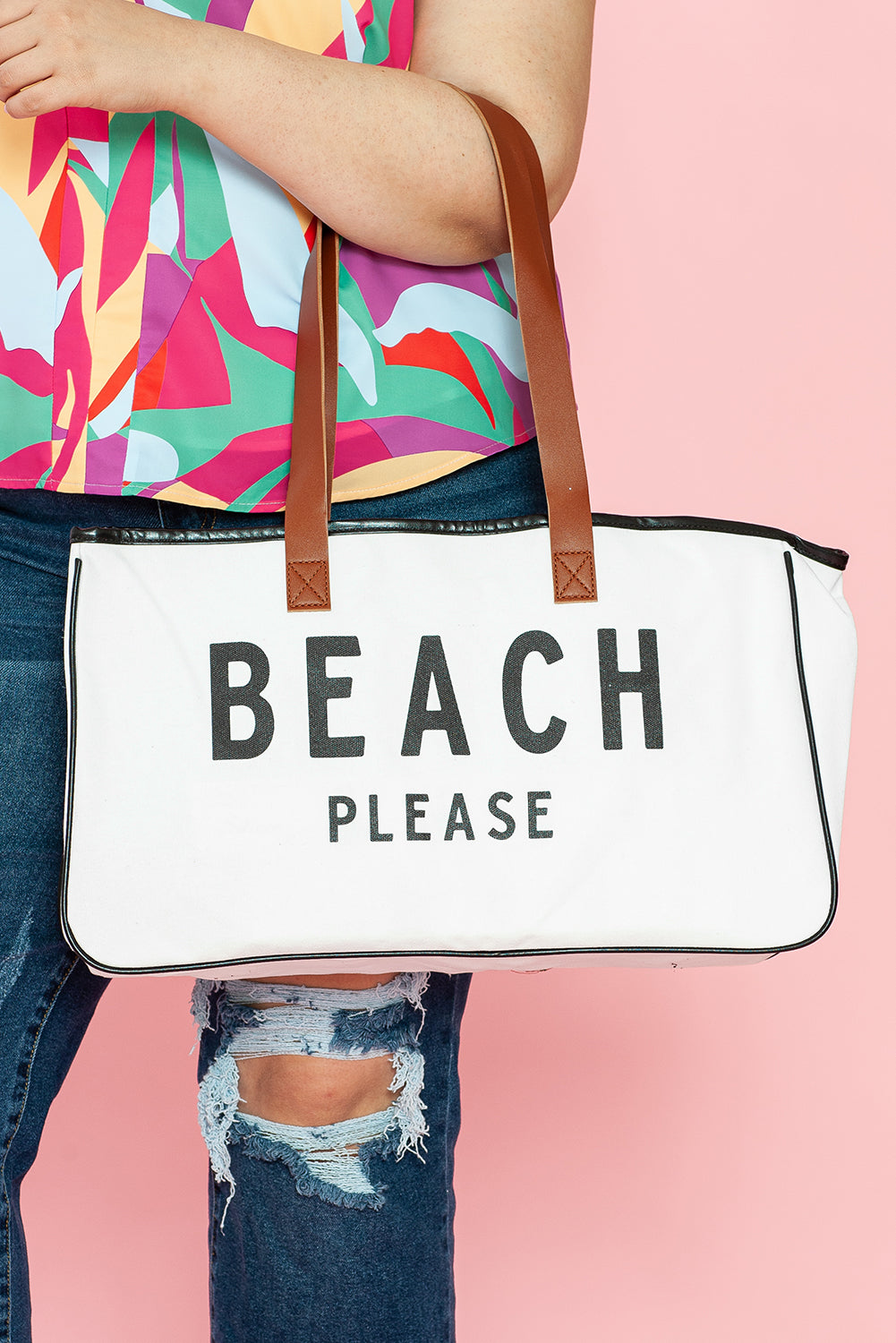 Bolsa de lona grande con estampado BEACH PLEASE en color blanco