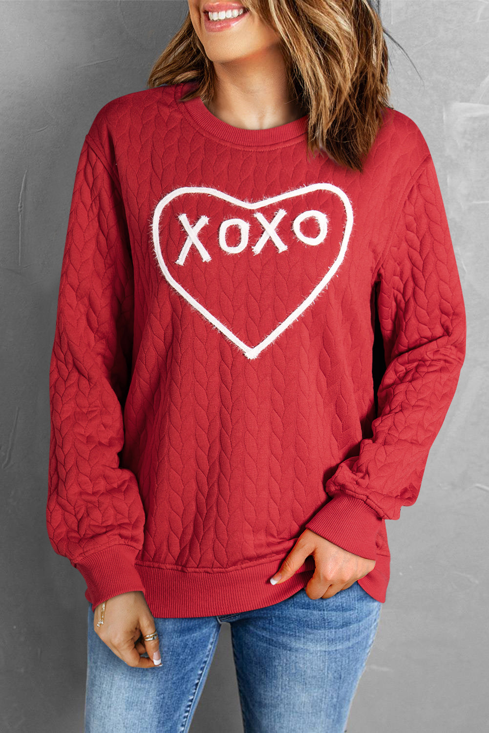 Racing Red Heart XOXO Chenille Embroidered Textured Sweatshirt