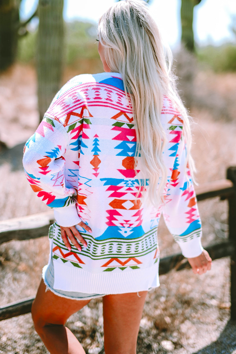 White Oversize Aztec Print High Low V Neck Sweater