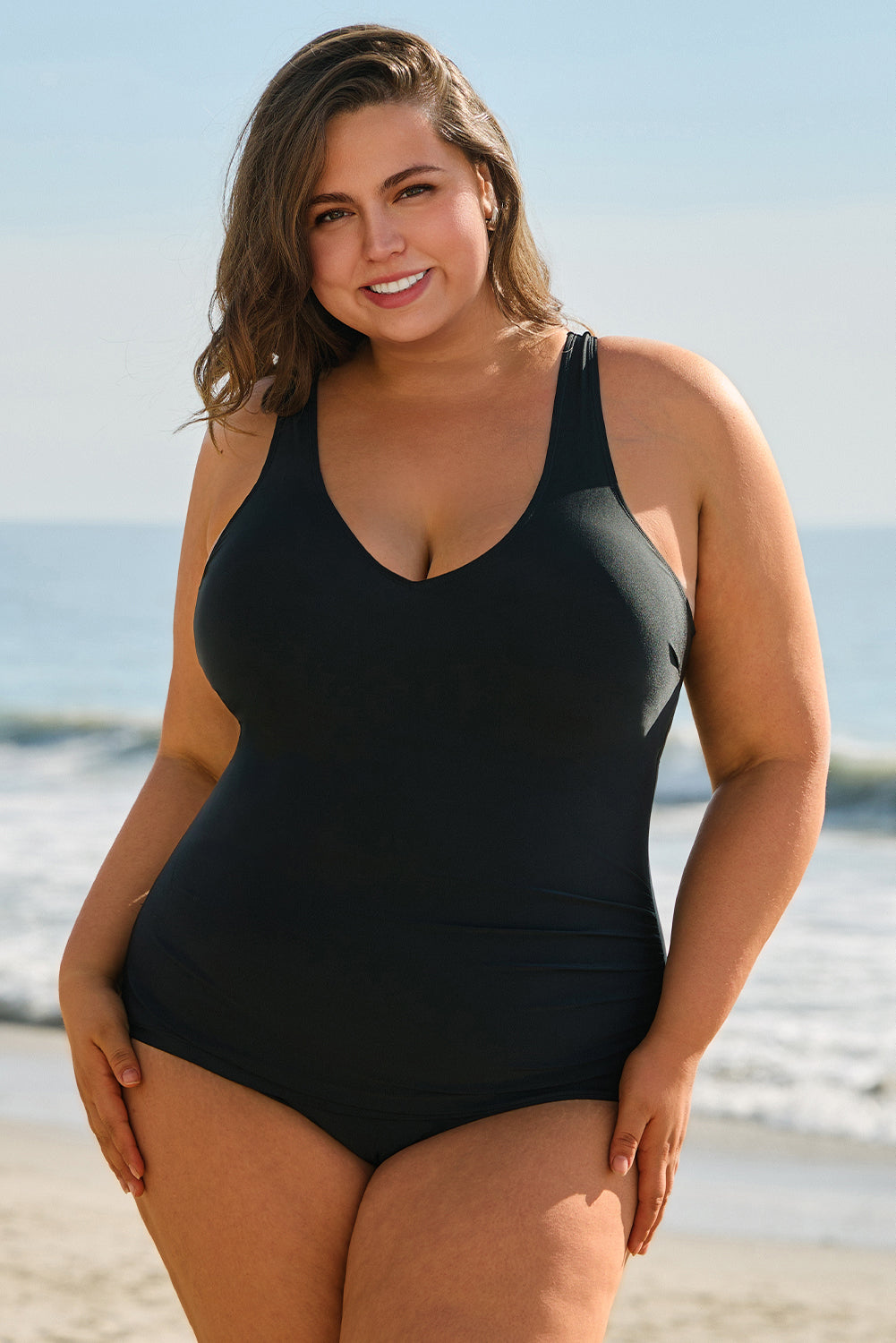 Black Solid Color U Neck Padded Plus Size One Piece Swimsuit