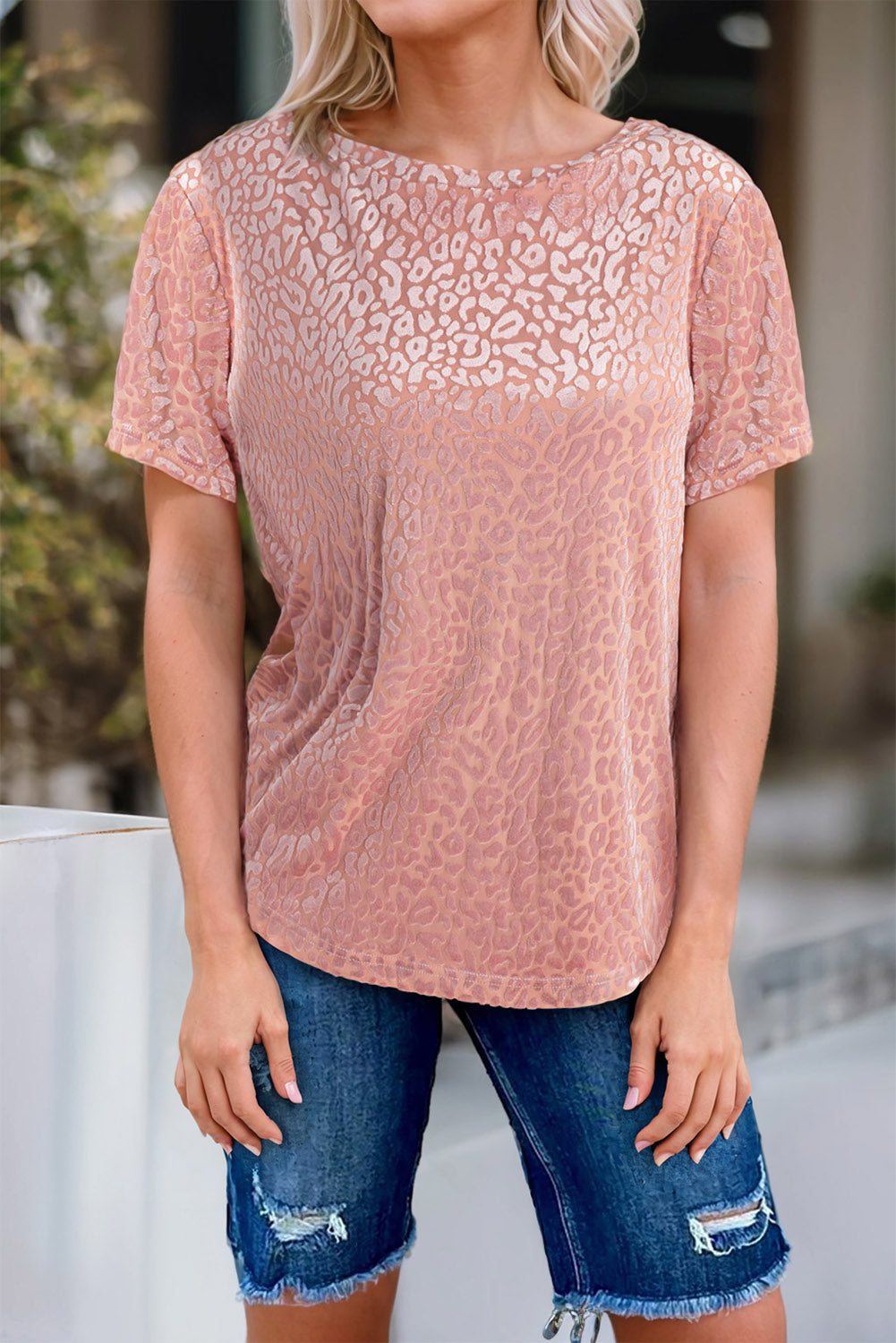 Pink Burnout Velvet Leopard Print Short Sleeve Top