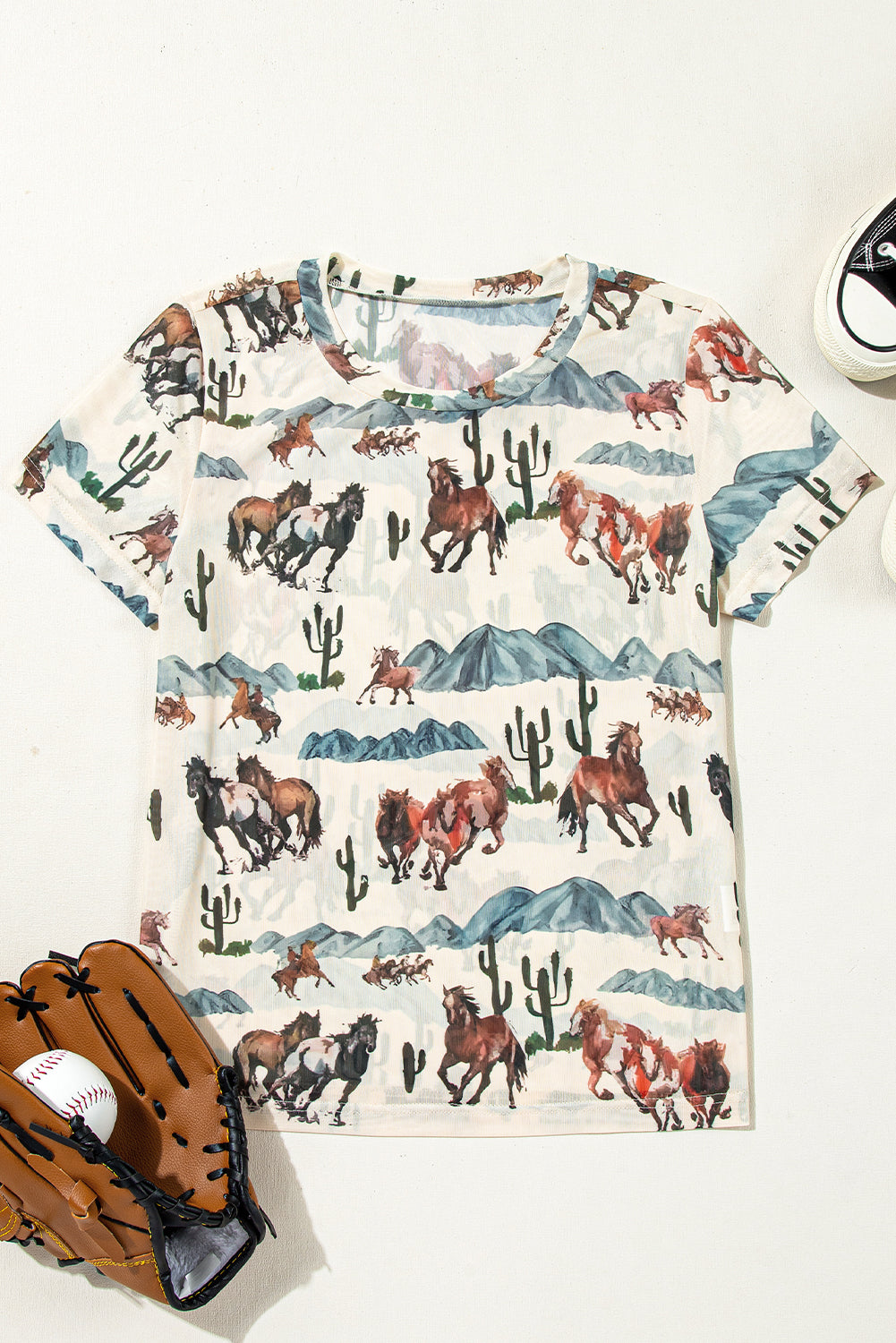 Beige Western Fashion Mustang River Printed Mesh T Shirt