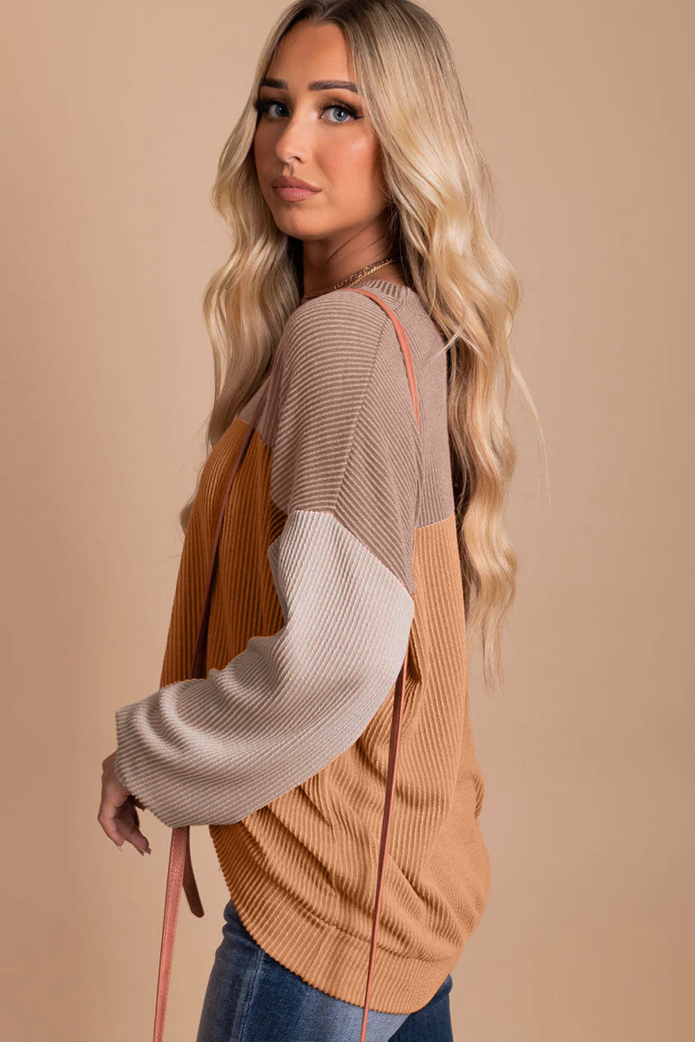 Khaki Color Block Long Sleeve Ribbed Loose Top