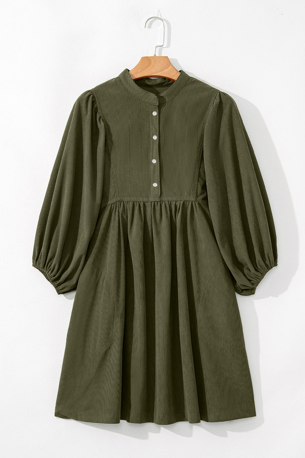 Vineyard Green Corduroy Snap Buttons Empire Waist Bracelet Sleeve Dress