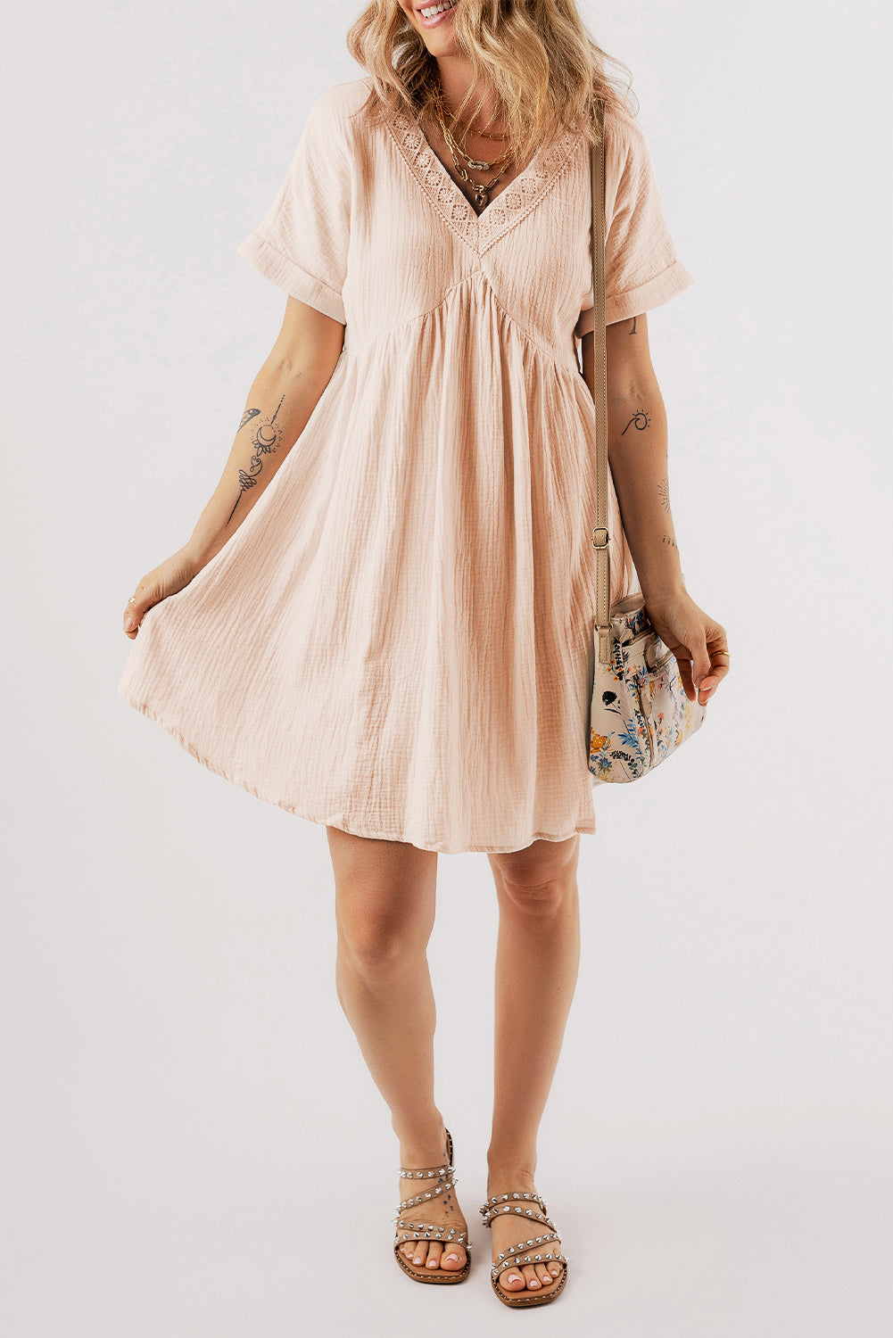 Beige Folded Short Sleeve Lace V Neck Mini Dress