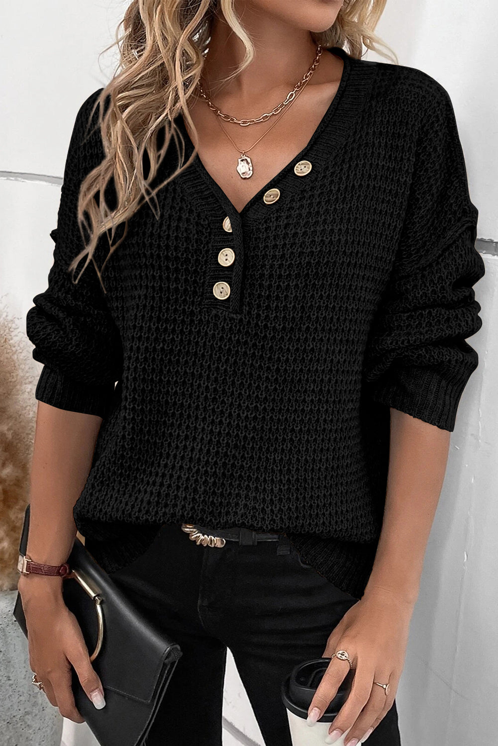 Black Pointelle Knit Button V Neck Drop Shoulder Sweater