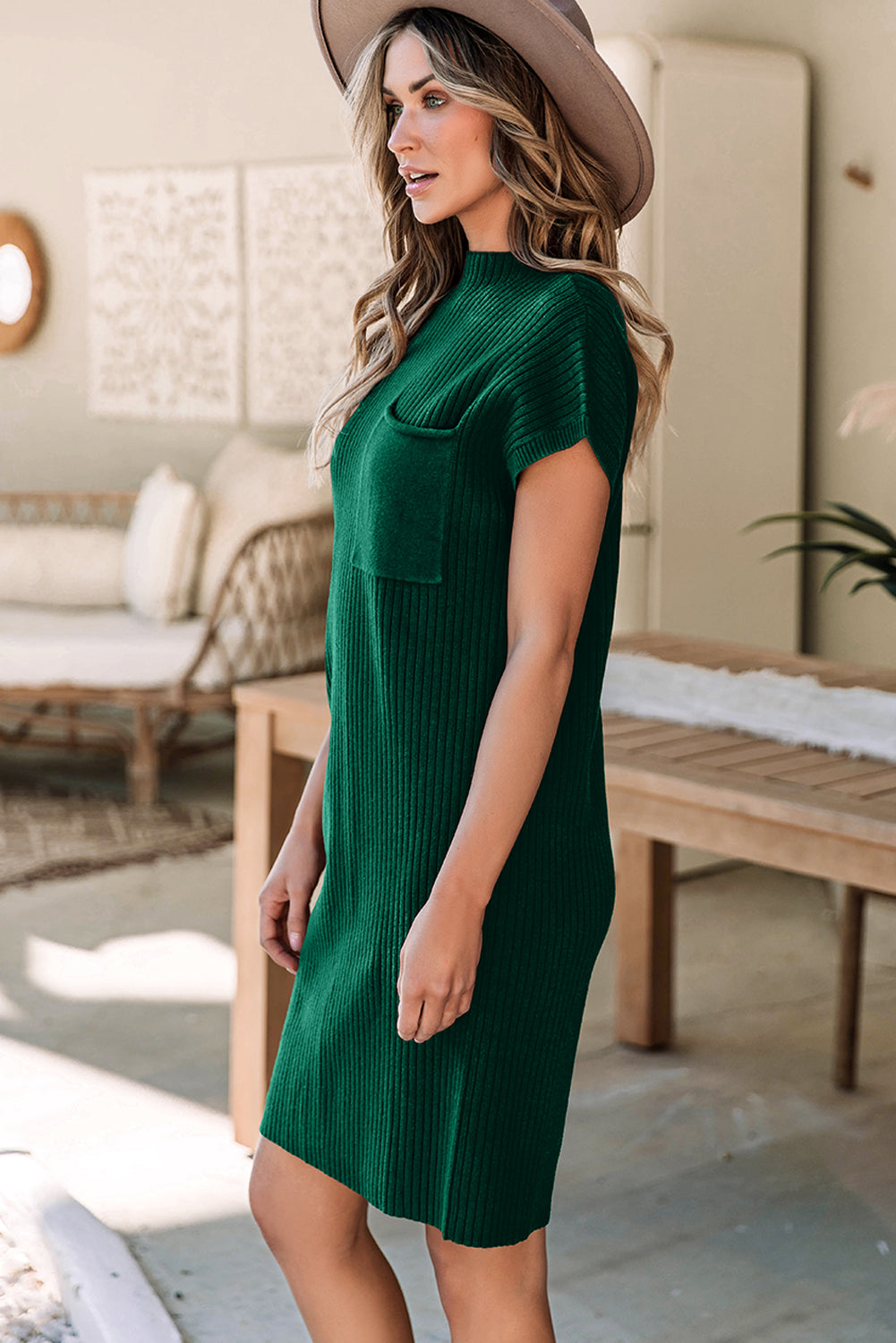 Blackish Green Patch Pocket Ribbed Knit Short Sleeve Sweater Dress