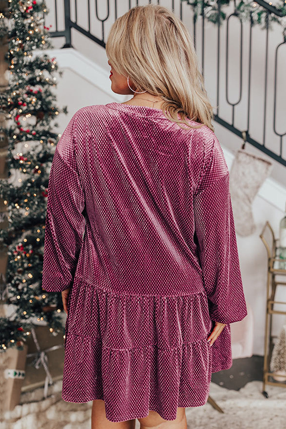 Meadow Mauve Plus Size Textured Velvet Tiered Buttons Tiered Dress