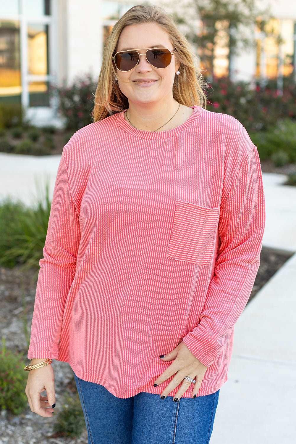 Peach Blossom Plus Size Ribbed Textured Long Sleeve T Shirt