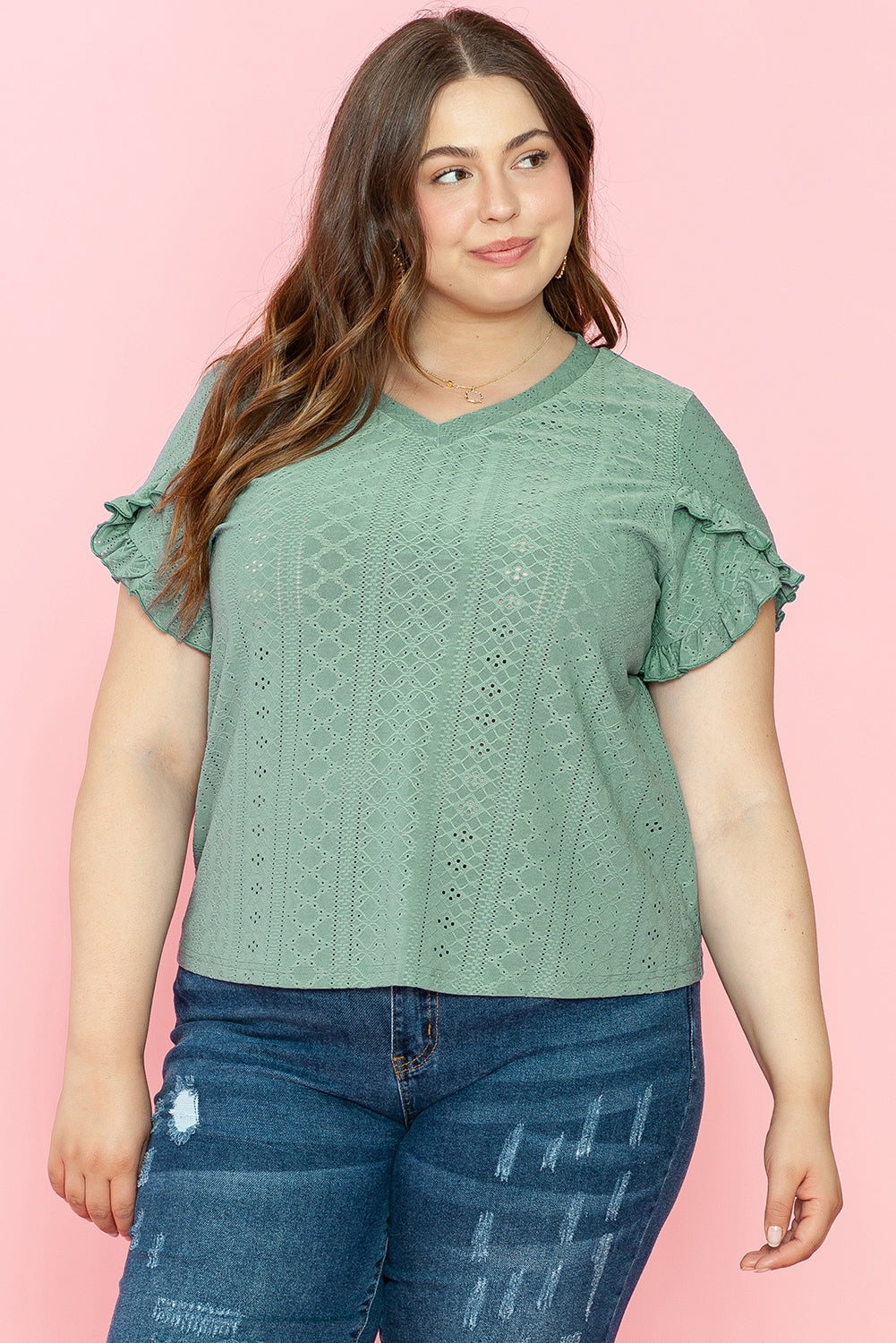 Blusa con escote en V y mangas de pétalos de jacquard en color verde laurel