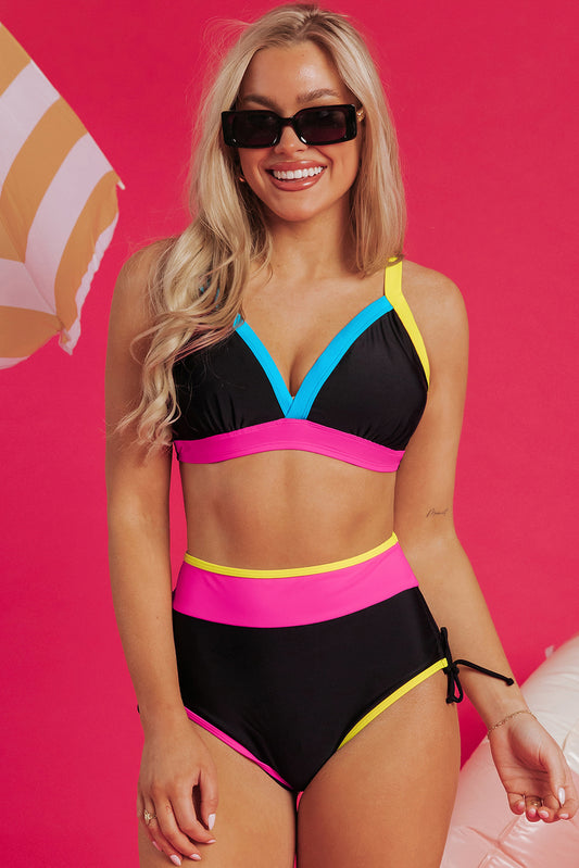 Conjunto de bikini de cintura alta con escote en V y cordón en los laterales con bloques de color negro