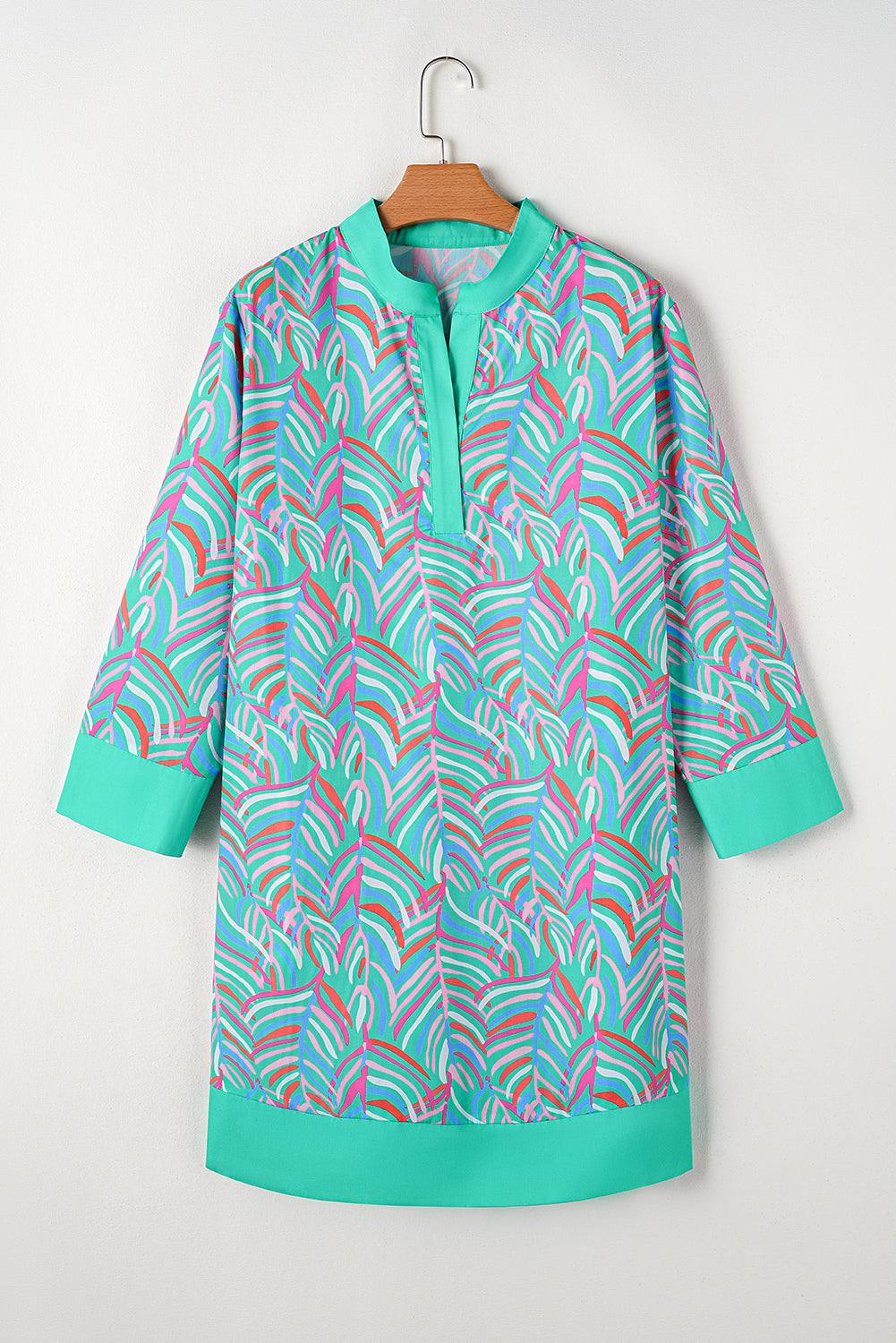 Green Plus Size Palm Pattern Long Sleeve Shift Dress