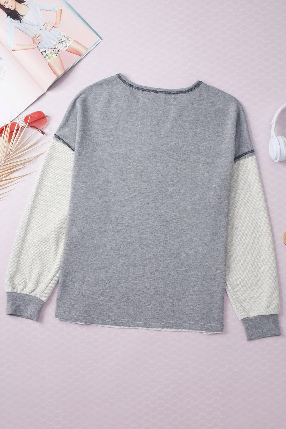 Gray Exposed Seam Ribbed Patchwork V Neck Sweatshirt