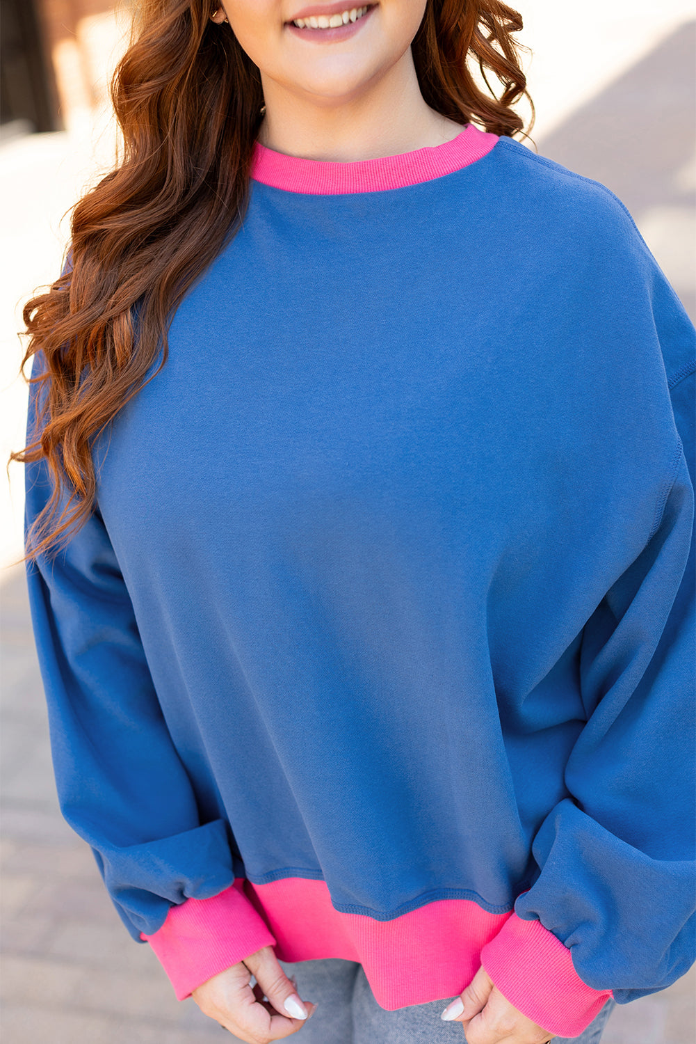 Sky Blue Color Block Edge Balloon Sleeve Plus Size Sweatshirt