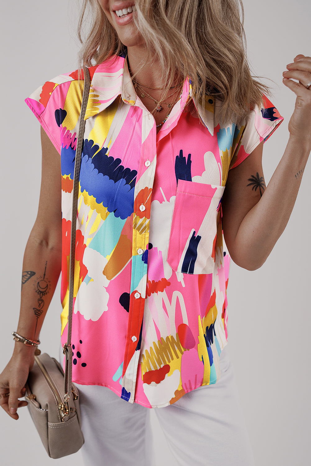 Multicolour Abstract Print Collared Cap Sleeve Casual Shirt