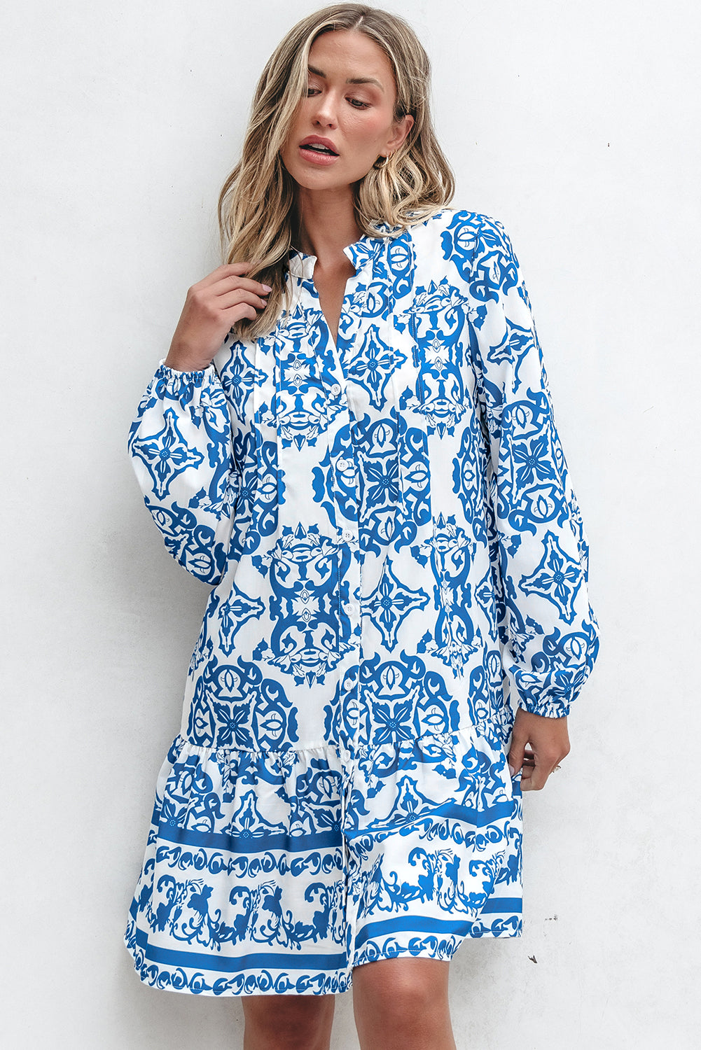 Sky Blue Tribal Print Button Up Notch Neck Loose Mini Dress