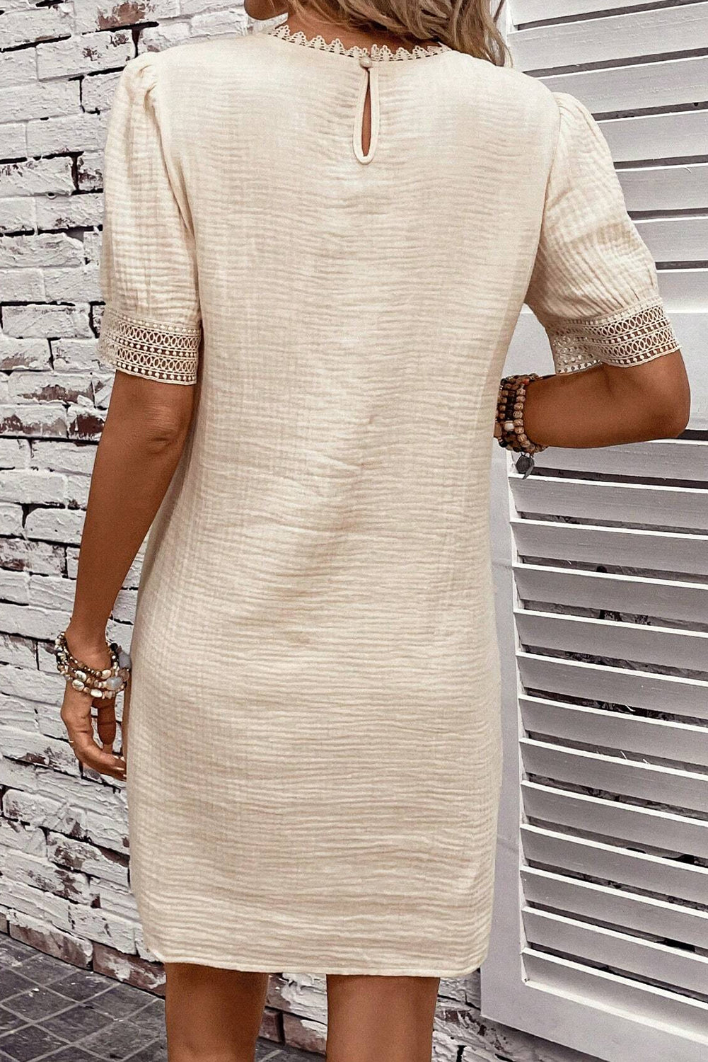 Beige Crinkle Lace Trim Puff Sleeve Shift Mini Dress