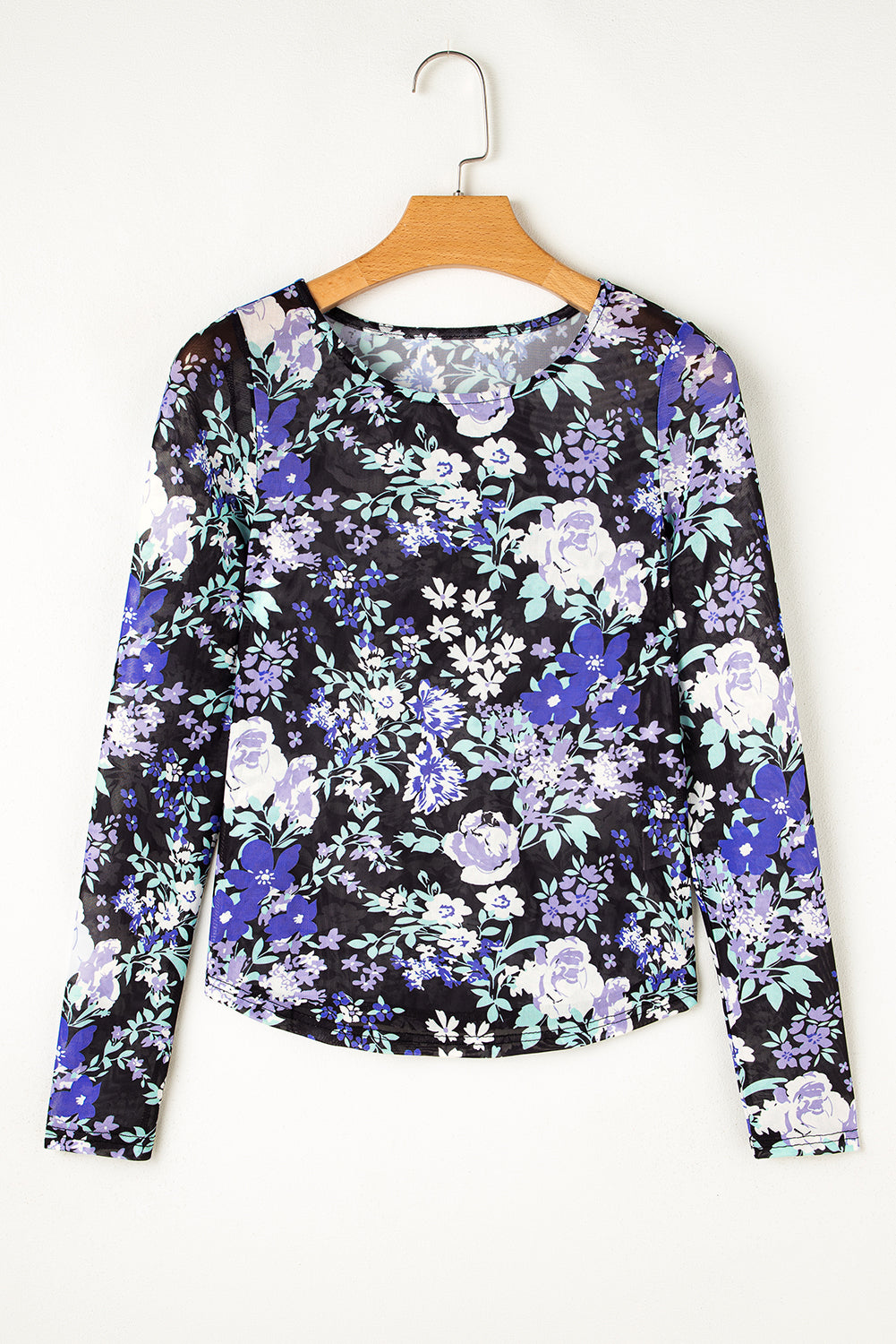 Black Floral Print Mesh Fitted Long Sleeve Top