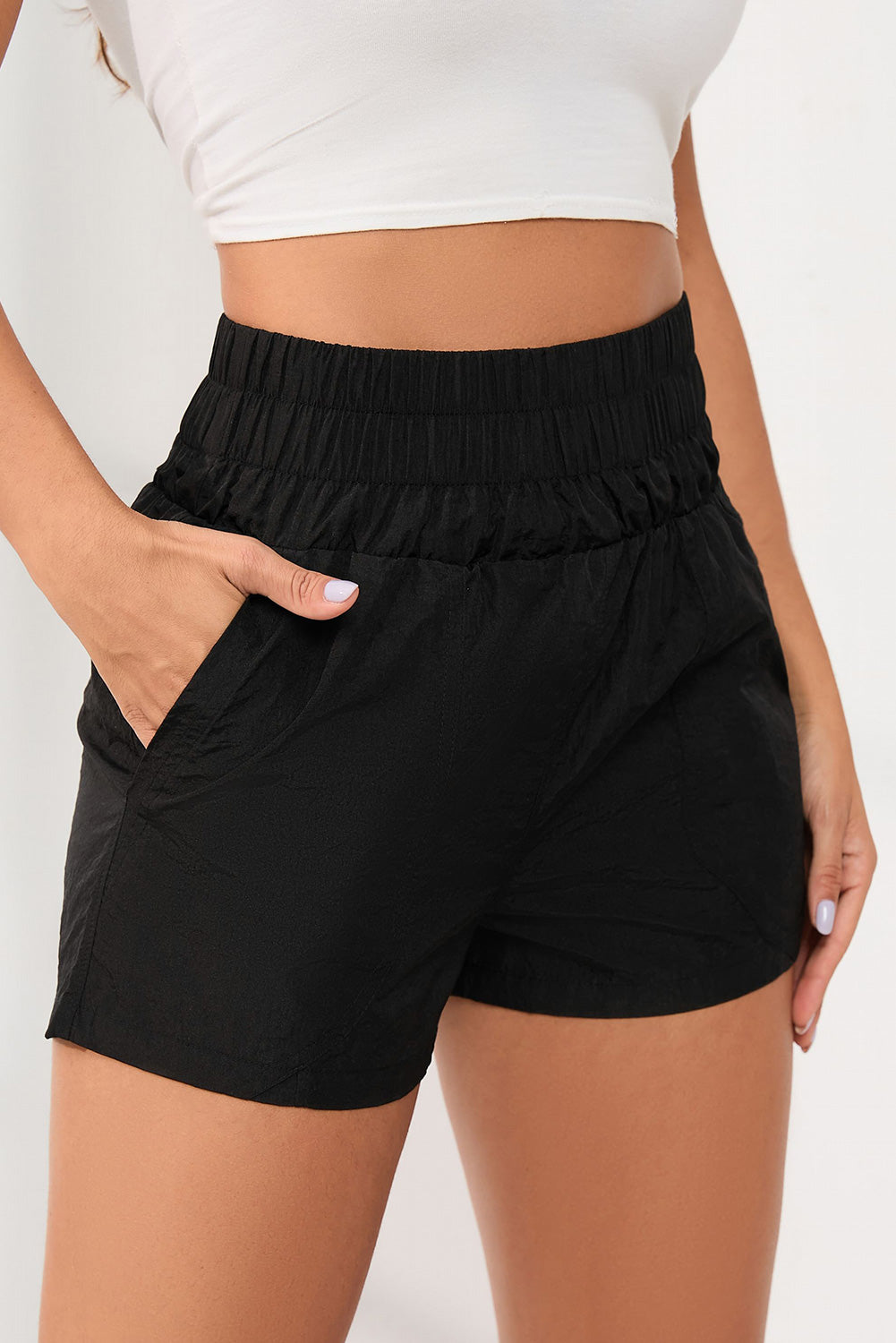 Black Elastic High Waist Side Pockets Shorts