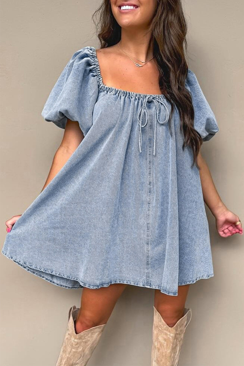 Myosotis Bubble Sleeve Square Neck Denim Babydoll Dress