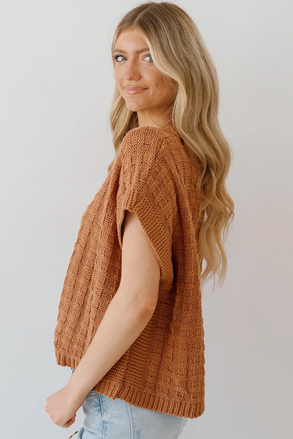 Camel Round Neck Textured Knit Sweater Vest