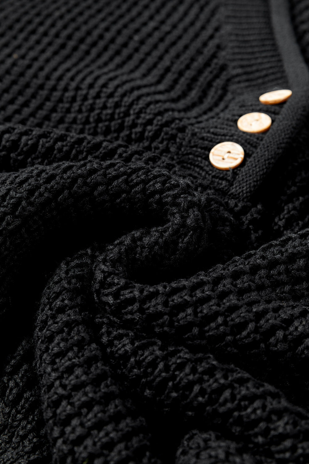 Black Pointelle Knit Button V Neck Drop Shoulder Sweater