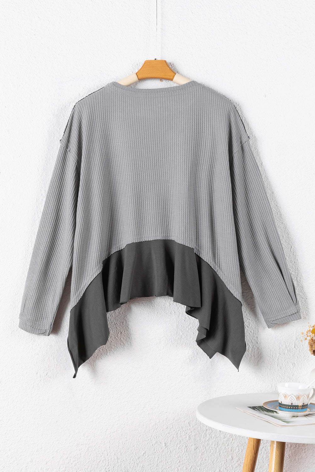 Medium Grey Waffle Long Sleeve Ruffled Patchwork Top