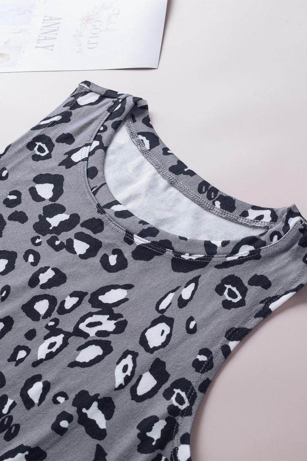 Gray Leopard Print Crew Neck Tank Top