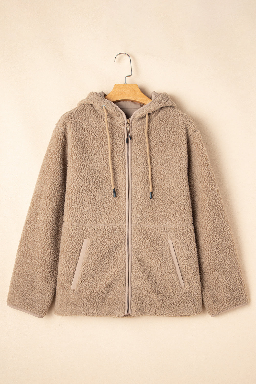 Pale Khaki Fleece Zip Up Drawstring Hooded Pocketed Jacket