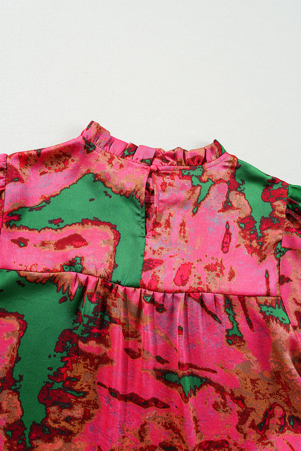 Rose Abstract Print Frilly Neckline Puff Sleeve Blouse