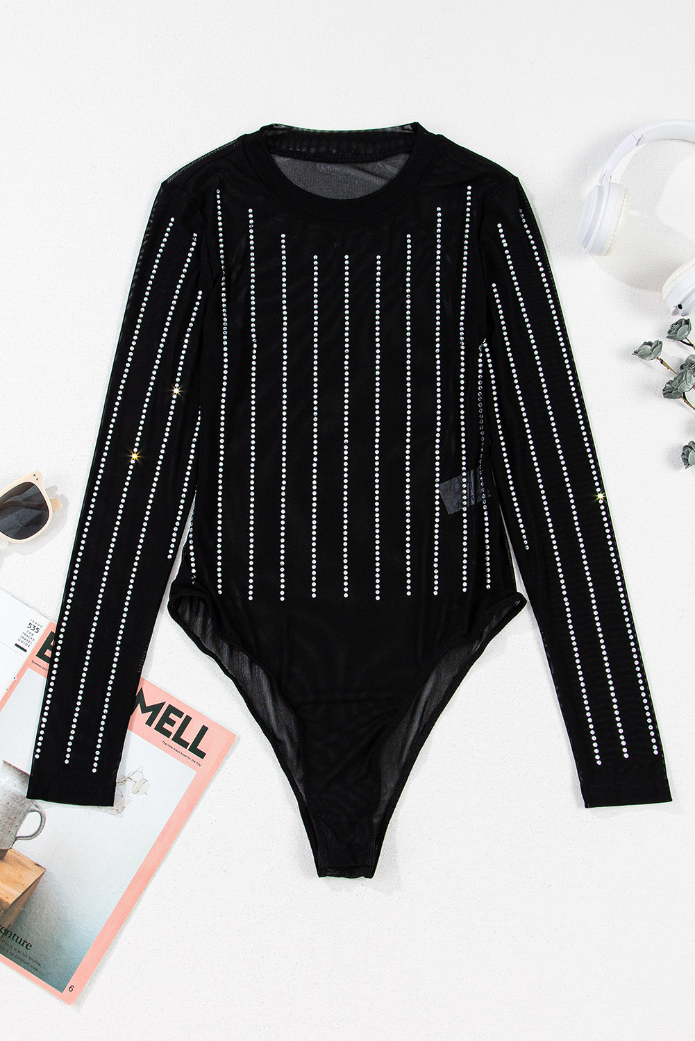 Black Rhinestone Decor Striped Mesh Long Sleeve Bodysuit