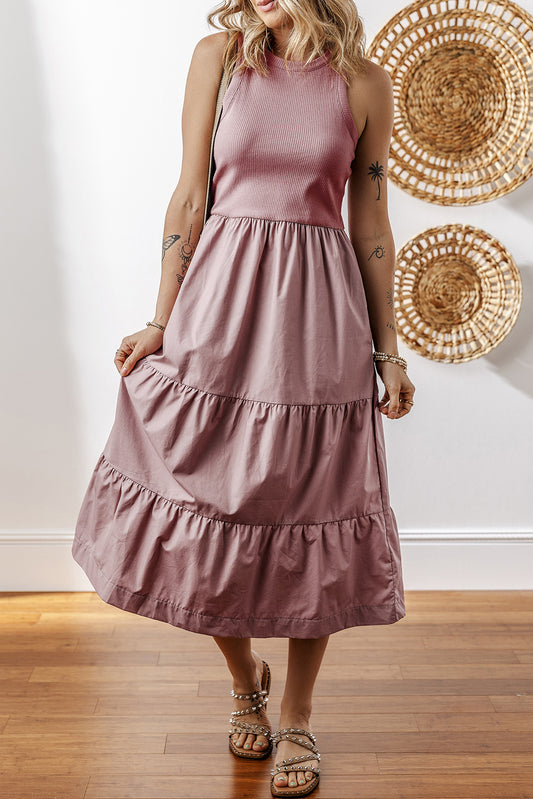 Vestido midi con capas, patchwork, cuello halter y bolsillos en color sepia rosa